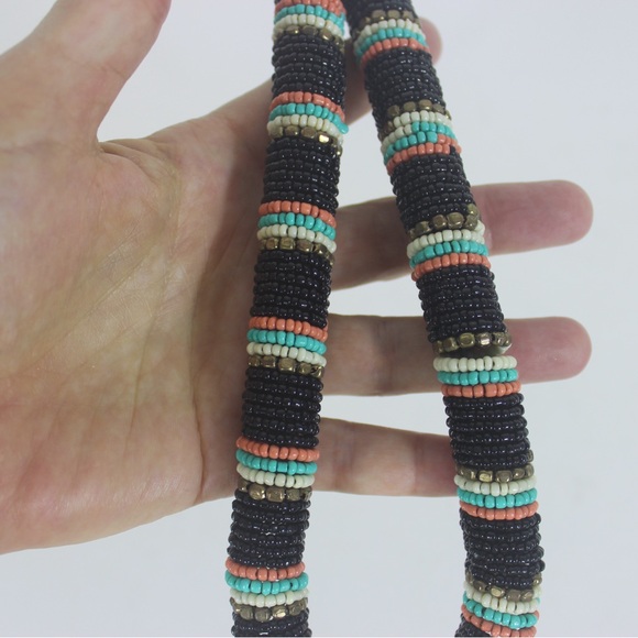 Vintage African Style Thick Beaded Necklace Black Pink Brass Gold - Picture 8 of 8